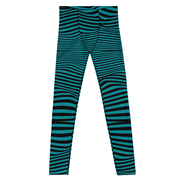 Blue Black Wavy Men's Leggings, Blue Stripes Abstract Designer Print Sexy Meggings Men's Workout Gym Tights Leggings, Men's Compression Tights Pants - Made in USA/ EU/ MX (US Size: XS-3XL) 
