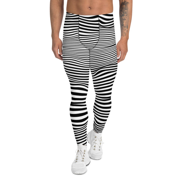 White Black Meggings, Best Meshed Abstract Men's Leggings, Best Modern Striped Minimalist Premium Designer Print Sexy Meggings Men's Workout Gym Tights Leggings, Men's Compression Tights Pants - Made in USA/ EU/ MX (US Size: XS-3XL) 