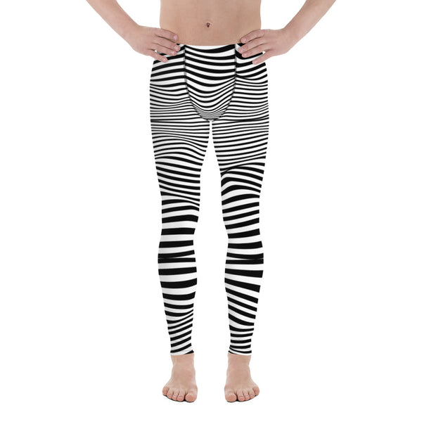 White Black Meggings, Best Meshed Abstract Men's Leggings, Best Modern Striped Minimalist Premium Designer Print Sexy Meggings Men's Workout Gym Tights Leggings, Men's Compression Tights Pants - Made in USA/ EU/ MX (US Size: XS-3XL) 