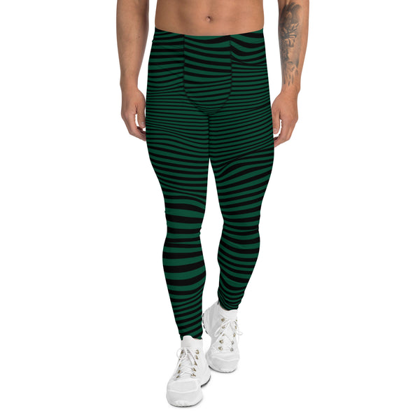 Green Meshed Abstract Men's Leggings, Best Modern Striped Minimalist Premium Designer Print Sexy Meggings Men's Workout Gym Tights Leggings, Men's Compression Tights Pants - Made in USA/ EU/ MX (US Size: XS-3XL) 