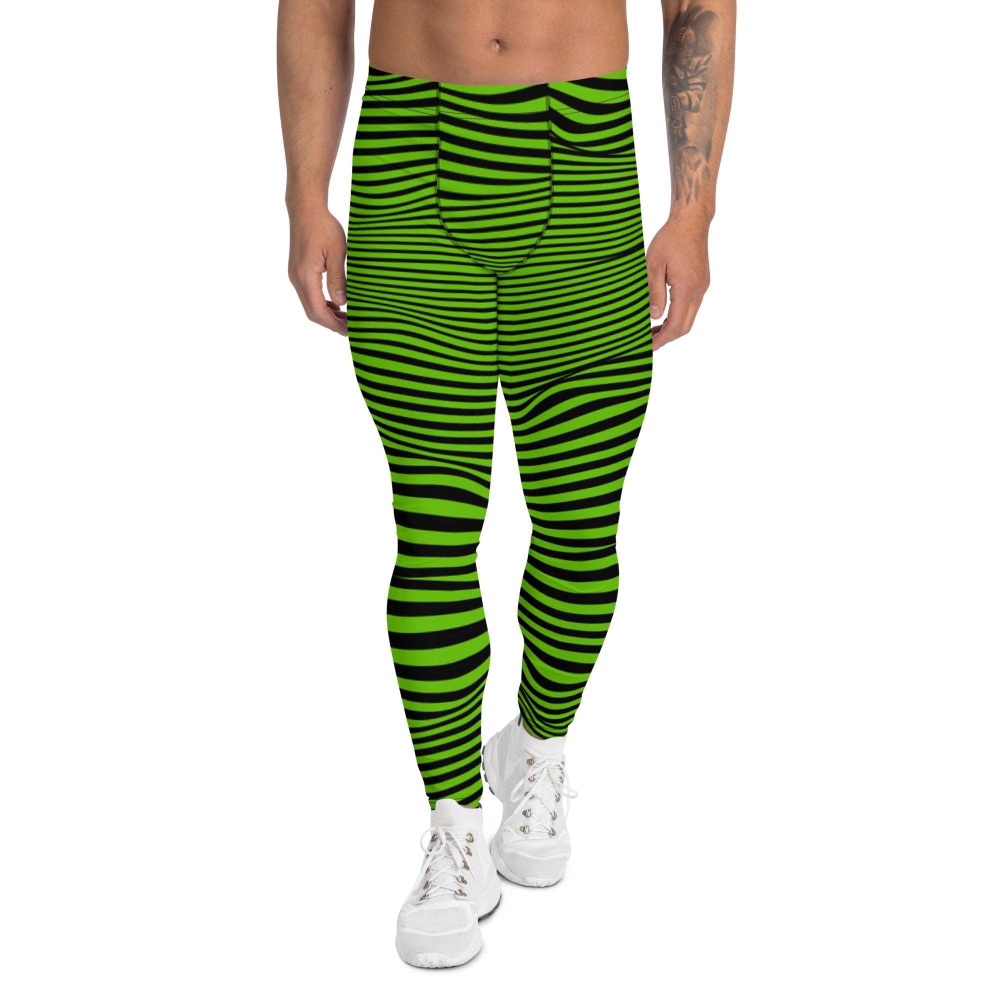 Bright Green Meshed Abstract Men's Leggings, Best Modern Striped Minimalist Premium Designer Print Sexy Meggings Men's Workout Gym Tights Leggings, Men's Compression Tights Pants - Made in USA/ EU/ MX (US Size: XS-3XL) 
