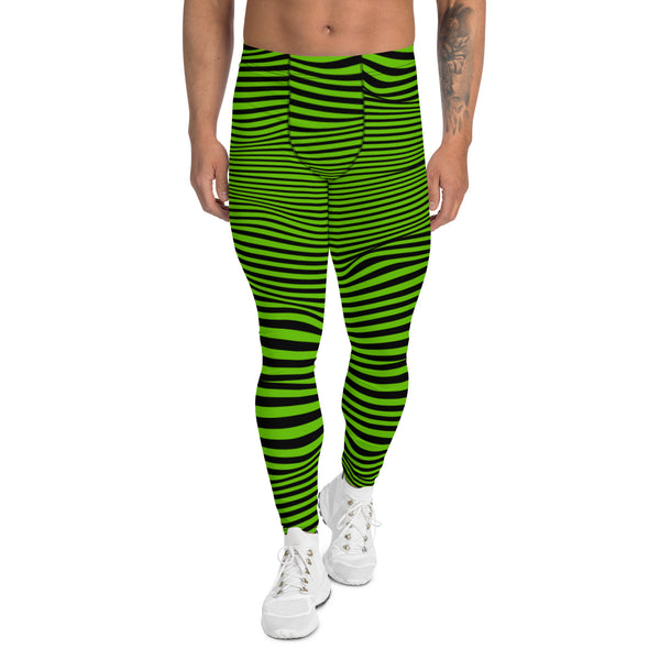 Bright Green Meshed Abstract Men's Leggings, Best Modern Striped Minimalist Premium Designer Print Sexy Meggings Men's Workout Gym Tights Leggings, Men's Compression Tights Pants - Made in USA/ EU/ MX (US Size: XS-3XL) 
