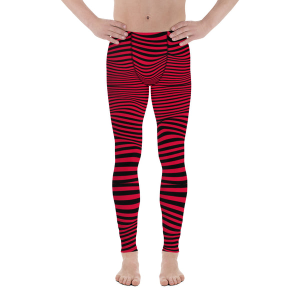 Red Black Abstract Men's Leggings, Best Modern Striped Minimalist Premium Designer Print Sexy Meggings Men's Workout Gym Tights Leggings, Men's Compression Tights Pants - Made in USA/ EU/ MX (US Size: XS-3XL) 