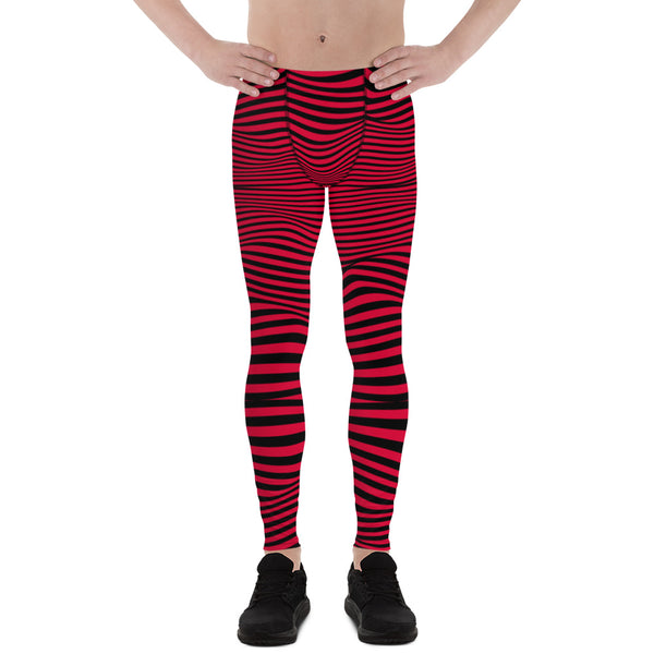 Red Black Abstract Men's Leggings, Best Modern Striped Minimalist Premium Designer Print Sexy Meggings Men's Workout Gym Tights Leggings, Men's Compression Tights Pants - Made in USA/ EU/ MX (US Size: XS-3XL) 