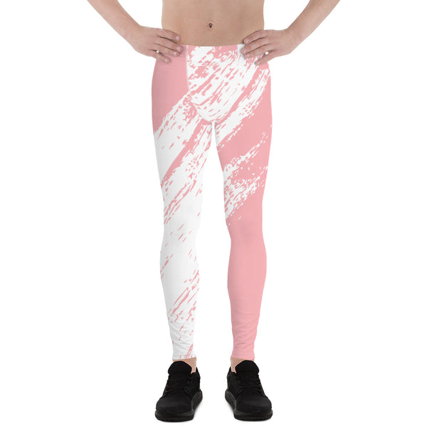 Pink White Abstract Men's Leggings, Best Modern Minimalist Premium Designer Print Sexy Meggings Men's Workout Gym Tights Leggings, Men's Compression Tights Pants - Made in USA/ EU/ MX (US Size: XS-3XL) 