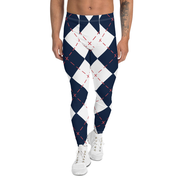 Blue Red Plaid Print Meggings, Preppy Classic Plaid Pattern Print Winter Style Christmas Meggings Festive Men's Tights Designer Print Sexy Meggings Men's Workout Gym Tights Leggings, Men's Compression Tights Pants - Made in USA/ EU/ MX (US Size: XS-3XL) 