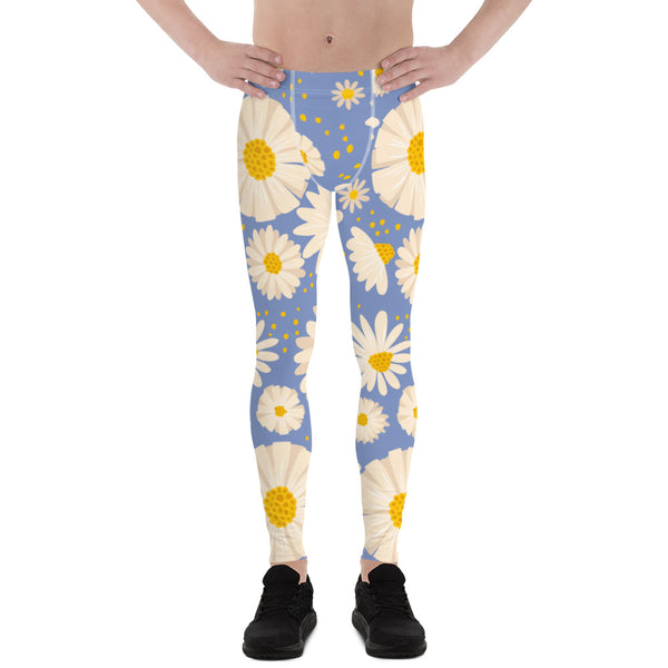 Blue White Daisy Floral Meggings, Floral Print Designer Print Sexy Meggings Men's Workout Gym Tights Leggings, Men's Compression Tights Pants - Made in USA/ EU/ MX (US Size: XS-3XL) 