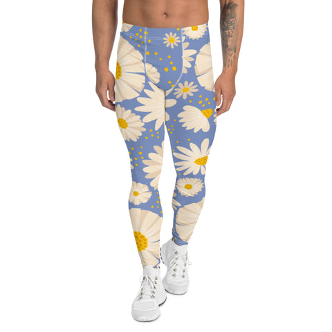 Blue White Daisy Floral Meggings, Floral Print Designer Print Sexy Meggings Men's Workout Gym Tights Leggings, Men's Compression Tights Pants - Made in USA/ EU/ MX (US Size: XS-3XL) 