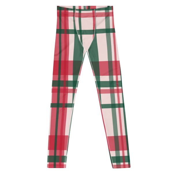 Red Green Plaid Print Meggings, Tartan Style Christmas Plaid Print Premium Men's Leggings Tights Yoga Pants - Made in USA/ Europe/ Mexico, Red Plaid Printed Men's Leggings, Stretchable Men's Plaid Leggings, Compression Pants, Running Tights (US Size: XS-3XL) 