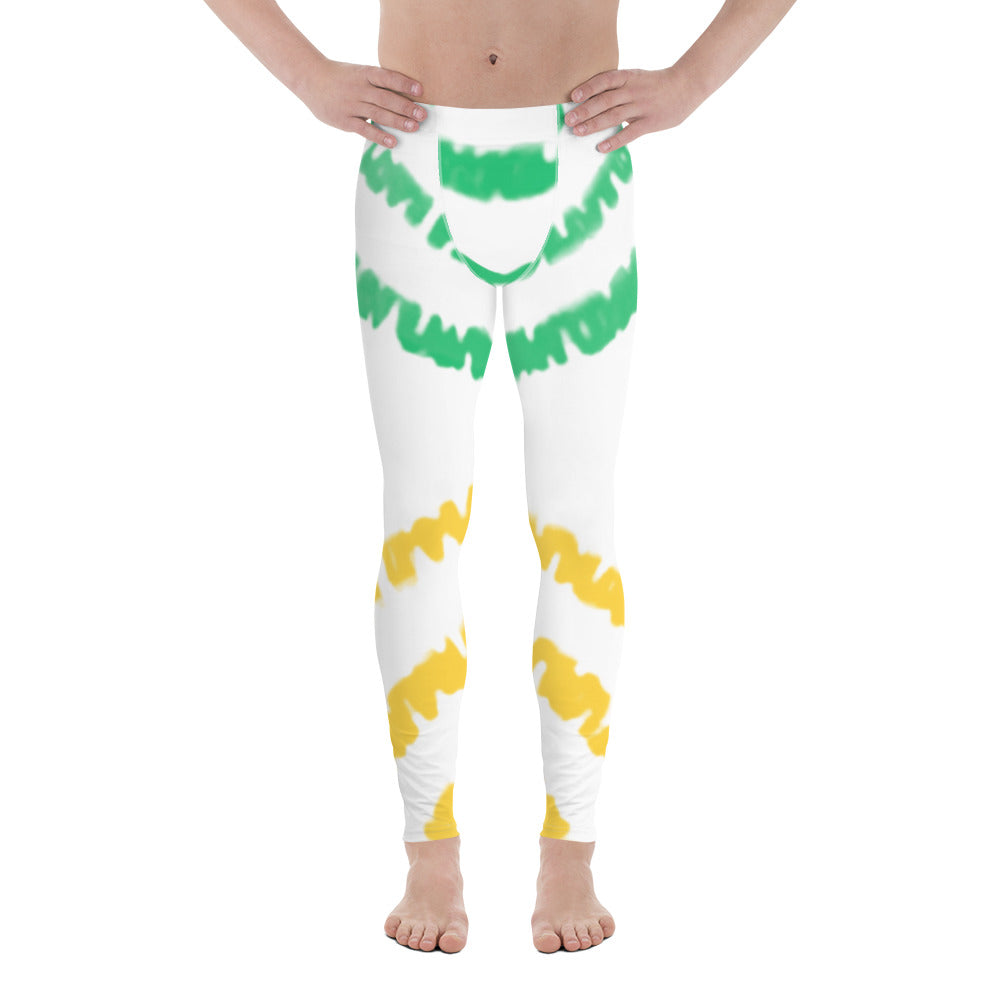 Green Yellow Tie Dye Meggings, Tie Dye Party Men's Tights, Best High Quality Designer Print Sexy Meggings Men's Workout Gym Tights Leggings, Men's Compression Tights Pants - Made in USA/ EU/ MX (US Size: XS-3XL) Tie Dye Festival Meggings, Tie Dye Workout Party Leggings Outfits 