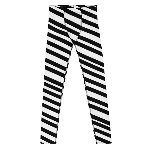 Black White Striped Men's Leggings, Modern Diagonally Stripes Designer Print Sexy Meggings Men's Workout Gym Tights Leggings, Men's Compression Tights Pants - Made in USA/ EU/ MX (US Size: XS-3XL) 