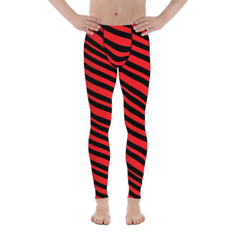 Black Red Striped Men's Leggings, Modern Diagonally Stripes Designer Print Sexy Meggings Men's Workout Gym Tights Leggings, Men's Compression Tights Pants - Made in USA/ EU/ MX (US Size: XS-3XL) 