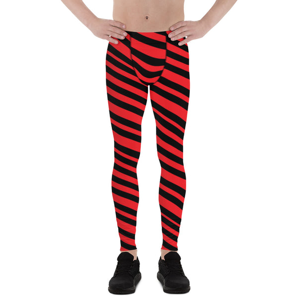 Black Red Striped Men's Leggings, Modern Diagonally Stripes Designer Print Sexy Meggings Men's Workout Gym Tights Leggings, Men's Compression Tights Pants - Made in USA/ EU/ MX (US Size: XS-3XL) 