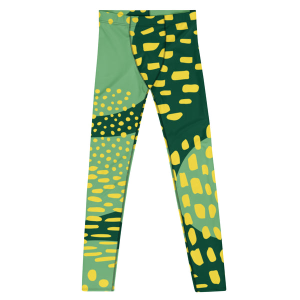 Abstract Green Men's Leggings, Green Yellow Abstract Designer Print Sexy Meggings Men's Workout Gym Tights Leggings, Men's Compression Tights Pants - Made in USA/ EU/ MX (US Size: XS-3XL) 