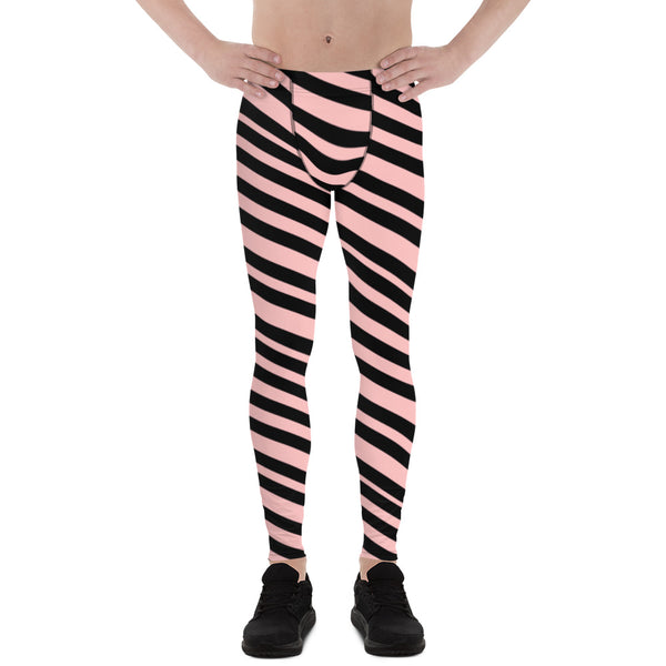 Light Pink Striped Men's Leggings, Modern Diagonally Stripes Designer Print Sexy Meggings Men's Workout Gym Tights Leggings, Men's Compression Tights Pants - Made in USA/ EU/ MX (US Size: XS-3XL) 