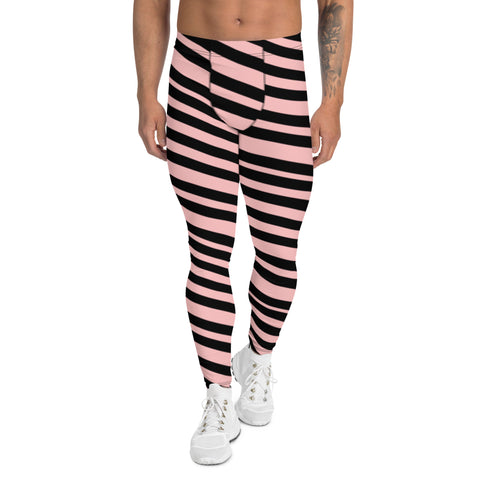 Light Pink Striped Men's Leggings, Modern Diagonally Stripes Designer Print Sexy Meggings Men's Workout Gym Tights Leggings, Men's Compression Tights Pants - Made in USA/ EU/ MX (US Size: XS-3XL) 