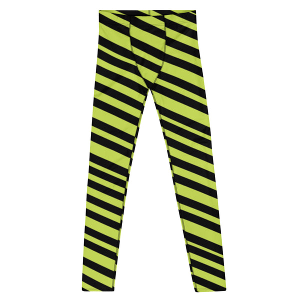 Greenish Yellow Striped Men's Leggings, Modern Diagonally Stripes Designer Print Sexy Meggings Men's Workout Gym Tights Leggings, Men's Compression Tights Pants - Made in USA/ EU/ MX (US Size: XS-3XL) 