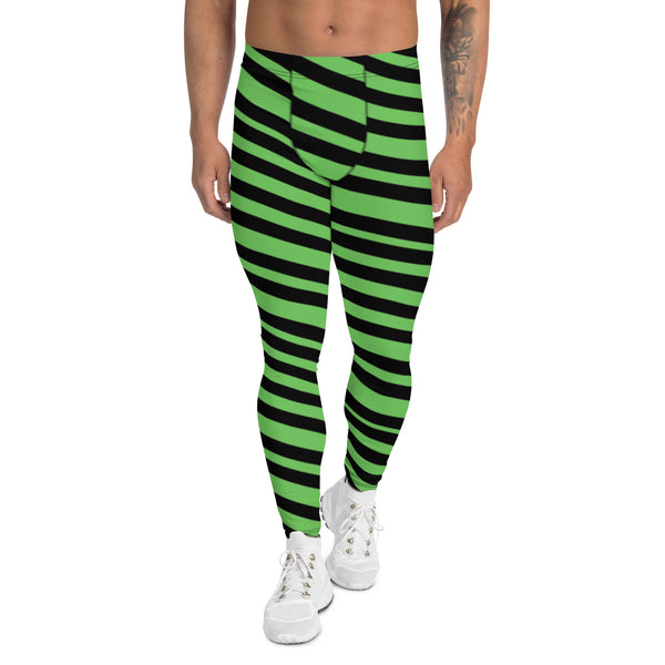 Green Black Striped Men's Leggings, Modern Diagonally Stripes Designer Print Sexy Meggings Men's Workout Gym Tights Leggings, Men's Compression Tights Pants - Made in USA/ EU/ MX (US Size: XS-3XL) 