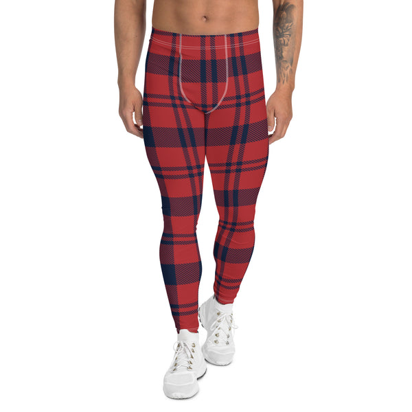 Red Black Plaid Print Meggings, Preppy Classic Plaid Pattern Print Winter Style Christmas Meggings Festive Men's Tights Designer Print Sexy Meggings Men's Workout Gym Tights Leggings, Men's Compression Tights Pants - Made in USA/ EU/ MX (US Size: XS-3XL) 