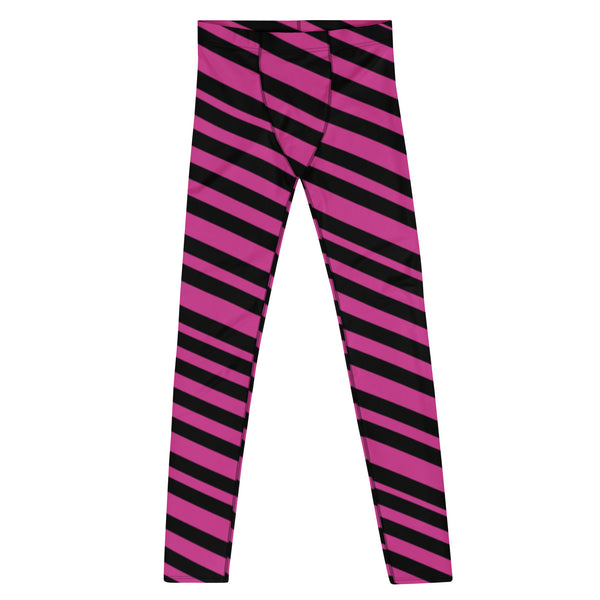 Black Pink Striped Men's Leggings, Modern Diagonally Stripes Designer Print Sexy Meggings Men's Workout Gym Tights Leggings, Men's Compression Tights Pants - Made in USA/ EU/ MX (US Size: XS-3XL) 