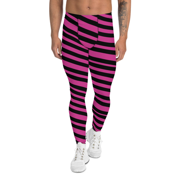 Black Pink Striped Men's Leggings, Modern Diagonally Stripes Designer Print Sexy Meggings Men's Workout Gym Tights Leggings, Men's Compression Tights Pants - Made in USA/ EU/ MX (US Size: XS-3XL) 