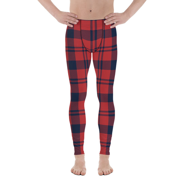 Red Black Plaid Print Meggings, Preppy Classic Plaid Pattern Print Winter Style Christmas Meggings Festive Men's Tights Designer Print Sexy Meggings Men's Workout Gym Tights Leggings, Men's Compression Tights Pants - Made in USA/ EU/ MX (US Size: XS-3XL) 