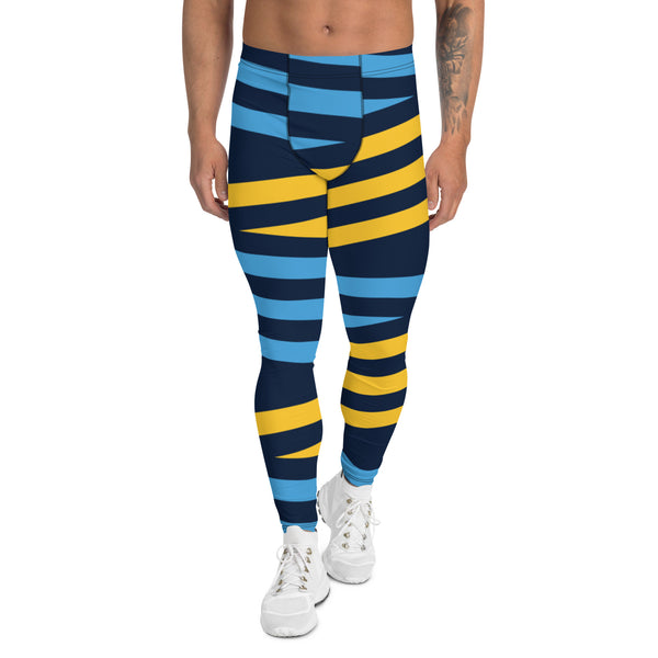 Blue Yellow Striped Men's Leggings, Modern Diagonally Stripes Designer Print Sexy Meggings Men's Workout Gym Tights Leggings, Men's Compression Tights Pants - Made in USA/ EU/ MX (US Size: XS-3XL) 