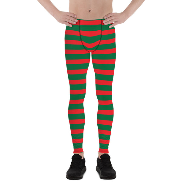 Green Red Stripes Men's Leggings, Striped Colors Men's Leggings, Colorful Christmas Candy Cane Style Gym Tights For Men - Made in USA/EU/MX