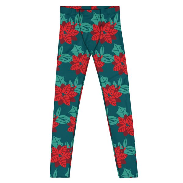 Green Christmas Floral Men's Leggings, Green & Red Xmas Flower Xmas Party Holiday Men's Leggings, Designer Premium Quality Men's Workout Gym Tights Leggings, Men's Compression Tights Pants - Made in USA/ EU/ MX (US Size: XS-3XL) 
