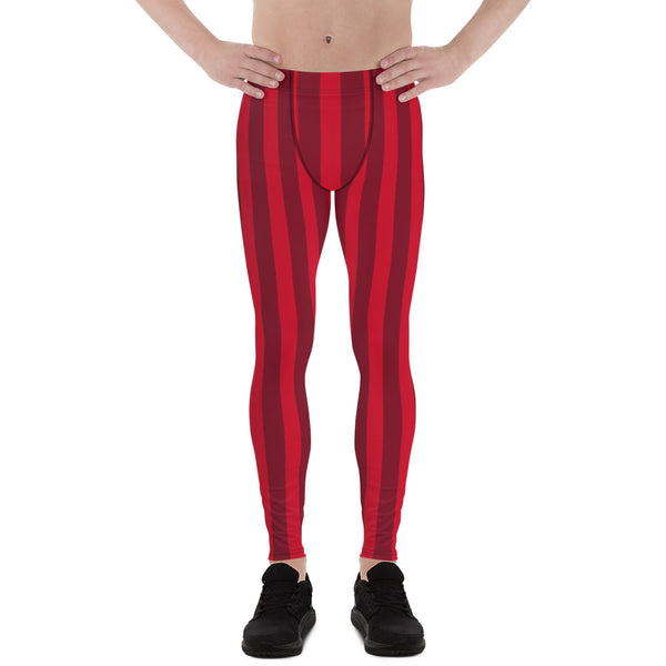 Red Striped Christmas Men's Leggings, Vertical Stripes Red Xmas Party Holiday Men's Leggings, Designer Premium Quality Men's Workout Gym Tights Leggings, Men's Compression Tights Pants - Made in USA/ EU/ MX (US Size: XS-3XL) 