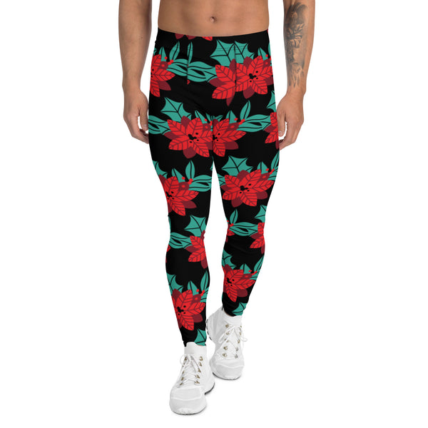 Black Christmas Floral Men's Leggings, Black & Red Xmas Flower Xmas Party Holiday Men's Leggings, Designer Premium Quality Men's Workout Gym Tights Leggings, Men's Compression Tights Pants - Made in USA/ EU/ MX (US Size: XS-3XL) 