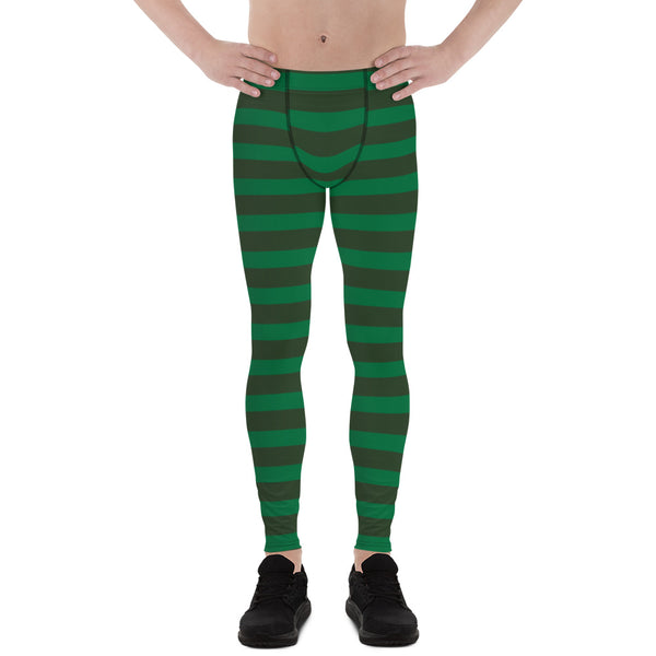 Best Festive Men's Leggings, Green Striped Christmas Meggings Festive Men's Tights Designer Print Sexy Meggings Men's Workout Gym Tights Leggings, Men's Compression Tights Pants - Made in USA/ EU/ MX (US Size: XS-3XL) 
