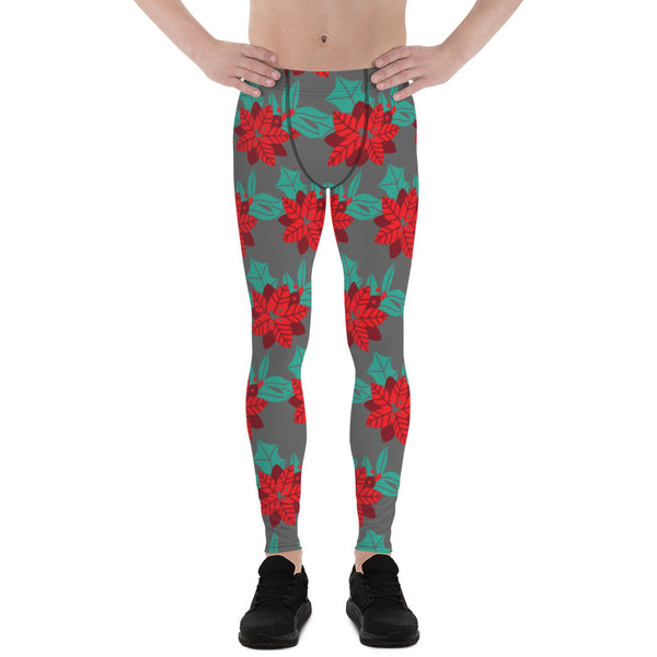 Grey Christmas Floral Men's Leggings, Grey & Red Xmas Flower Xmas Party Holiday Men's Leggings, Designer Premium Quality Men's Workout Gym Tights Leggings, Men's Compression Tights Pants - Made in USA/ EU/ MX (US Size: XS-3XL) 