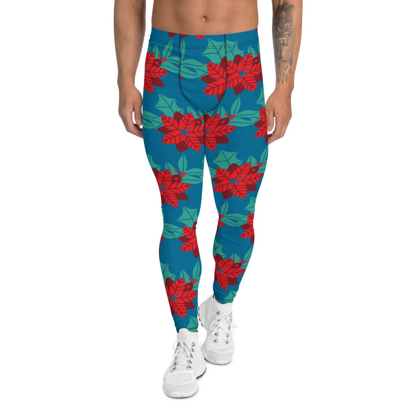 Blue Red Christmas Men's Leggings, Blue & Red Xmas Flower Xmas Party Holiday Men's Leggings, Designer Premium Quality Men's Workout Gym Tights Leggings, Men's Compression Tights Pants - Made in USA/ EU/ MX (US Size: XS-3XL) 