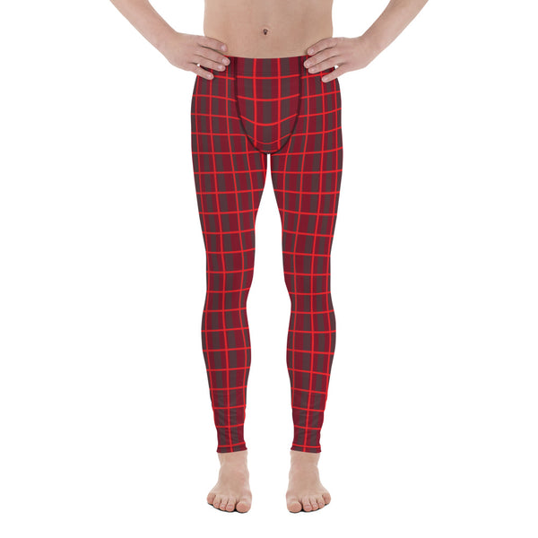 Red Plaid Print Men's Leggings, Red Plaid Print Xmas Party Holiday Men's Leggings, Designer Premium Quality Men's Workout Gym Tights Leggings, Men's Compression Tights Pants - Made in USA/ EU/ MX (US Size: XS-3XL) 
