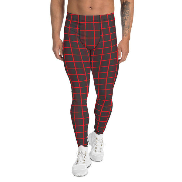 Red Plaid Print Men's Leggings, Best Xmas Festive Holiday Christmas Costume Tights, Red Plaid Print Men's Leggings, Red Plaid Print Xmas Party Holiday Men's Leggings, Designer Premium Quality Men's Workout Gym Tights Leggings, Men's Compression Tights Pants - Made in USA/ EU/ MX (US Size: XS-3XL) 