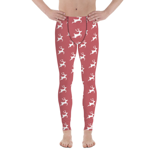 Christmas Festive Reindeer Meggings, Pink Xmas Party Holiday Men's Leggings, Designer Premium Quality Men's Workout Gym Tights Leggings, Men's Compression Tights Pants - Made in USA/ EU/ MX (US Size: XS-3XL) 