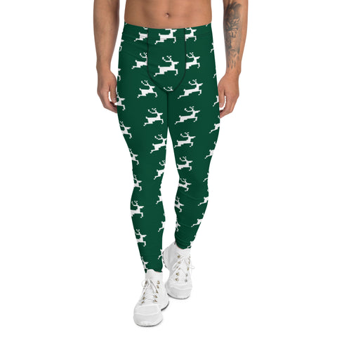 Christmas Festive Reindeer Meggings, Green Xmas Party Holiday Men's Leggings, Designer Premium Quality Men's Workout Gym Tights Leggings, Men's Compression Tights Pants - Made in USA/ EU/ MX (US Size: XS-3XL) 