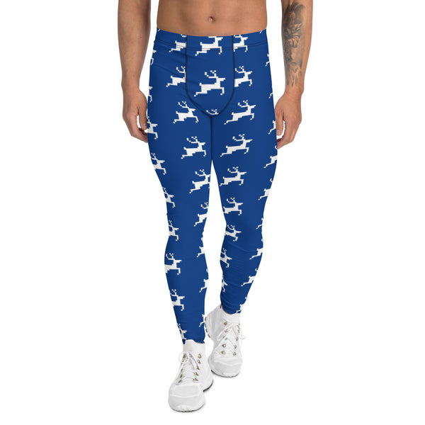 Christmas Festive Reindeer Meggings, Blue Xmas Party Holiday Men's Leggings, Designer Premium Quality Men's Workout Gym Tights Leggings, Men's Compression Tights Pants - Made in USA/ EU/ MX (US Size: XS-3XL) 