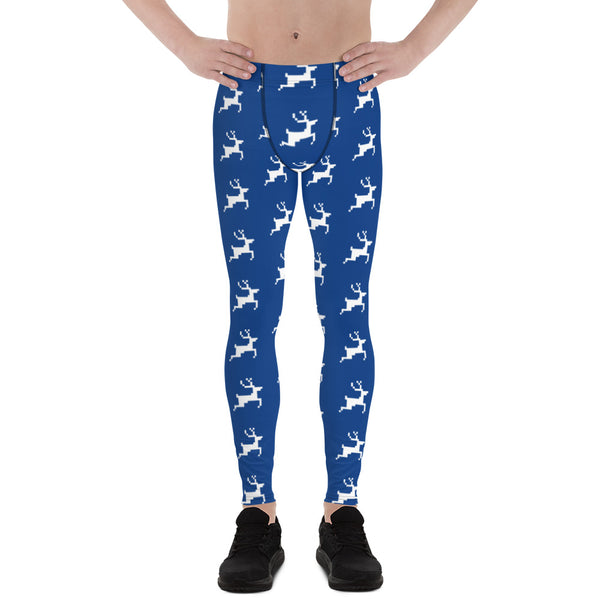Christmas Festive Reindeer Meggings, Blue Xmas Party Holiday Men's Leggings, Designer Premium Quality Men's Workout Gym Tights Leggings, Men's Compression Tights Pants - Made in USA/ EU/ MX (US Size: XS-3XL) 
