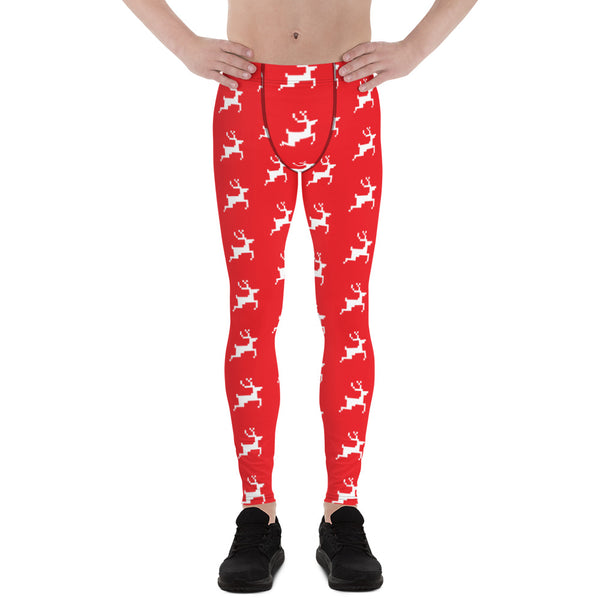 Christmas Festive Reindeer Meggings, Red Xmas Party Holiday Men's Leggings, Designer Premium Quality Men's Workout Gym Tights Leggings, Men's Compression Tights Pants - Made in USA/ EU/ MX (US Size: XS-3XL) 
