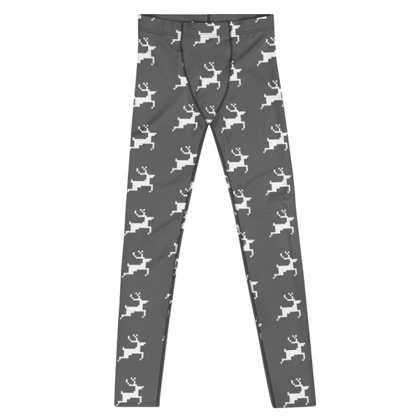 Christmas Festive Reindeer Meggings, Grey Xmas Party Holiday Men's Leggings, Designer Premium Quality Men's Workout Gym Tights Leggings, Men's Compression Tights Pants - Made in USA/ EU/ MX (US Size: XS-3XL) 