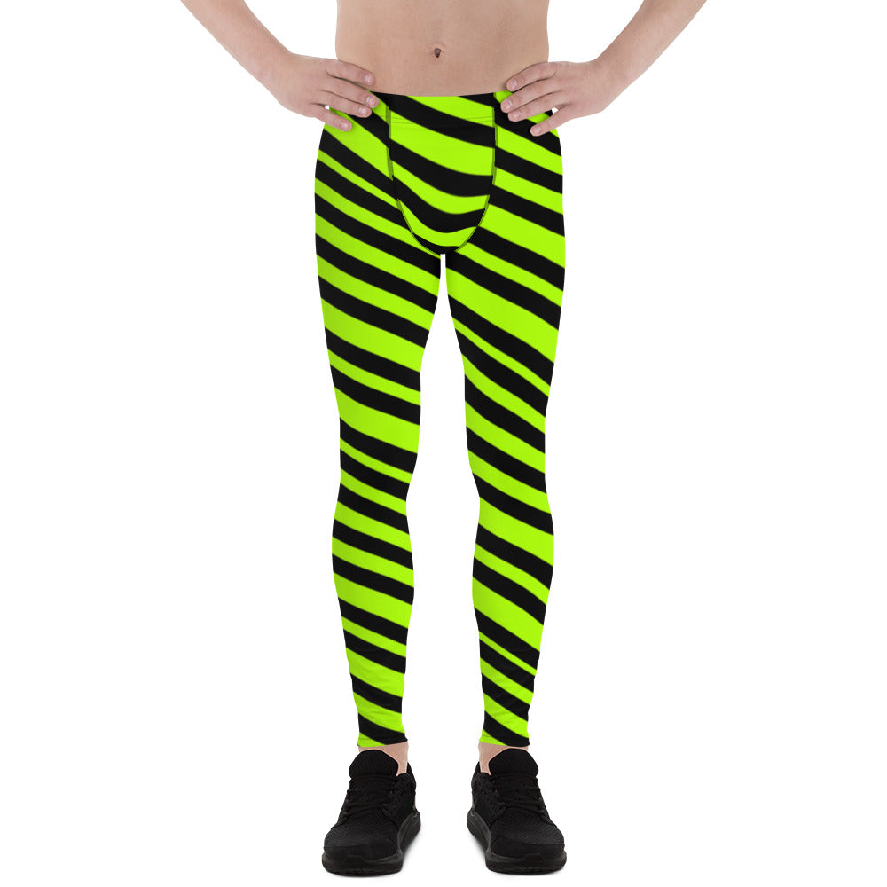 Neon Green Striped Men's Leggings, Diagonal Striped Colors Men's