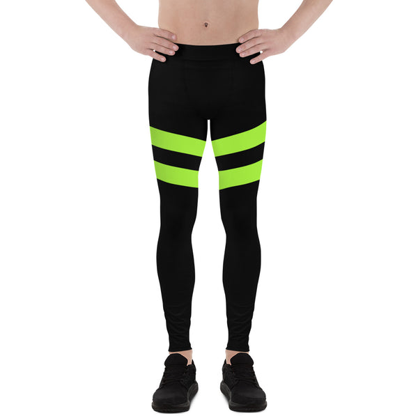 Green Striped Best Men's Leggings, Striped Bright Black and Green Colors Men's Leggings, Colorful Black Green Stripes Gym Tights For Men - Made in USA/EU/MX