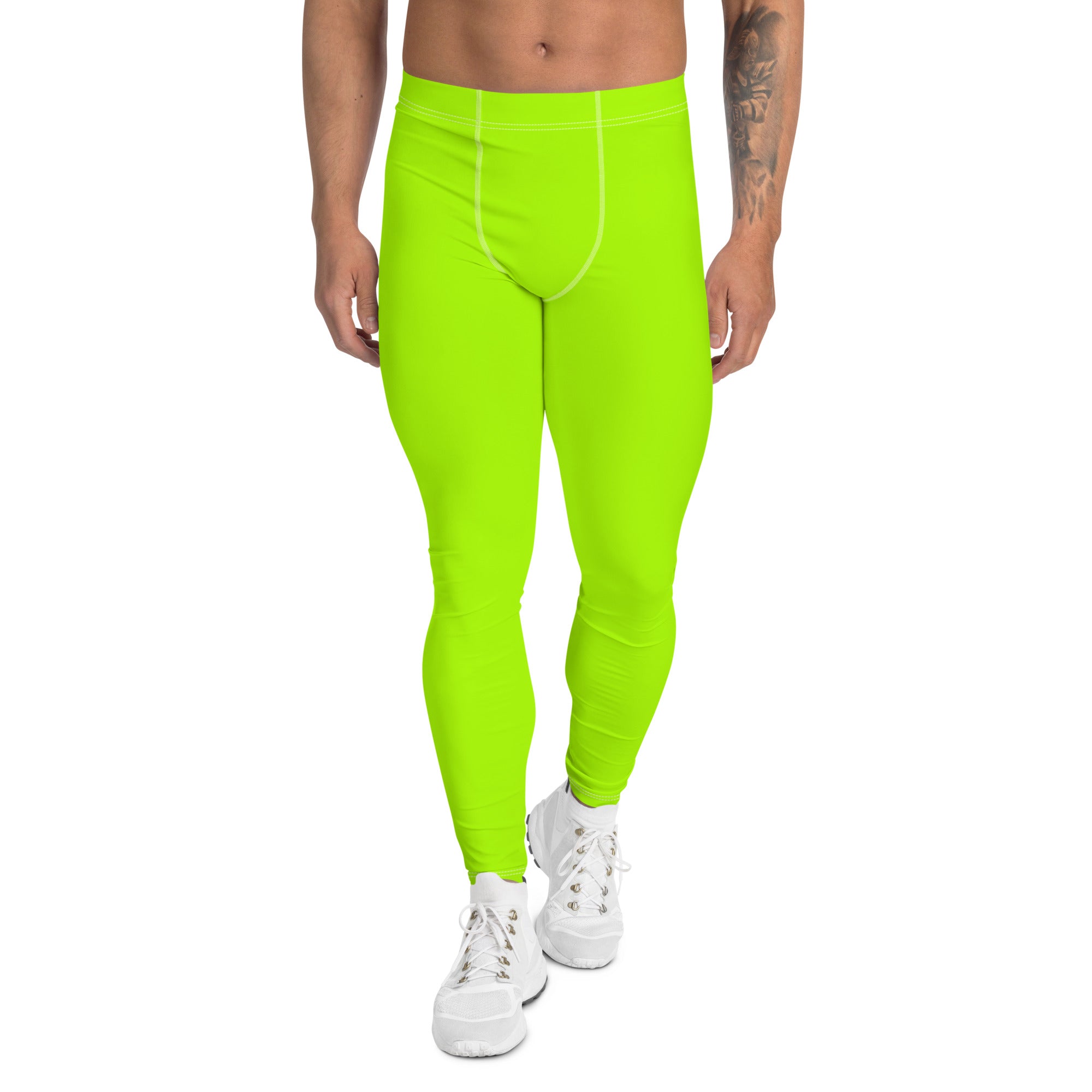 Neon Green Best Men's Leggings, Solid Bright Green Best Modern Sexy Meggings Men's Workout Gym Sports Running Tights Leggings, Men's Compression Tights Pants - Made in USA/ EU/MX (US Size: XS-3XL)