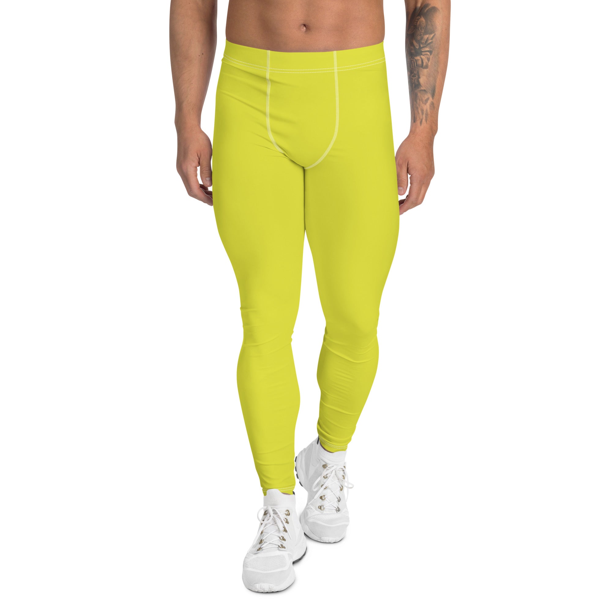 Yellow Solid Color Men's Leggings, Solid Lemon Bright Yellow Color Men's Tights  Compression Pants - Made in USA/EU/MX