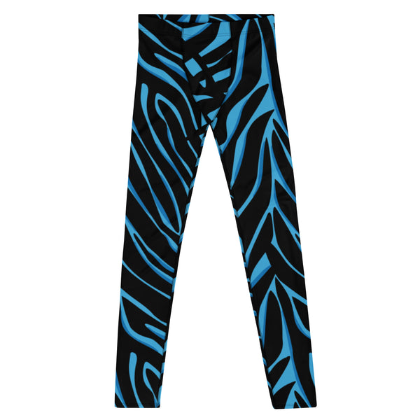 Blue Tiger Striped Men's Leggings, Bright Blue Tiger Leggings, Blue Tiger Pants For Men, Rave Party Tiger Striped Animal Print Sexy Meggings Men's Workout Gym Tights Leggings, Men's Compression Tights Pants - Made in USA/ EU/ MX (US Size: XS-3XL) 