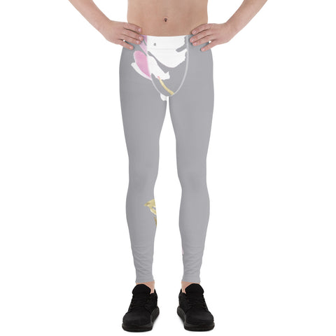 Grey Floral Men's Leggings, Floral Print Designer Print Sexy Meggings Men's Workout Gym Tights Leggings, Men's Compression Tights Pants - Made in USA/ EU/ MX (US Size: XS-3XL) 