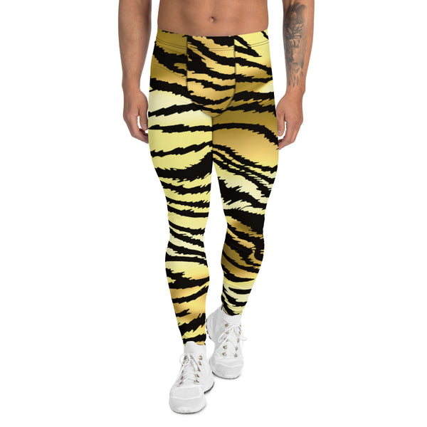 Brown Tiger Striped Men's Leggings, Classic Brown Tiger Leggings, Brown Tiger Pants For Men, Rave Party Tiger Striped Animal Print Sexy Meggings Men's Workout Gym Tights Leggings, Men's Compression Tights Pants - Made in USA/ EU/ MX (US Size: XS-3XL) 