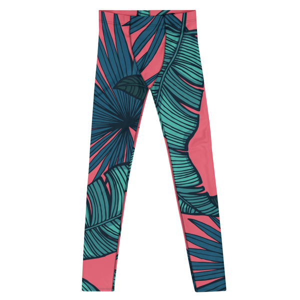Pink Tropical Leaves Men's Leggings, Green Palm Leaf Men's Tights, Designer Print Sexy Meggings Men's Workout Gym Tights Leggings, Men's Compression Tights Pants - Made in USA/ EU/ MX (US Size: XS-3XL) Leaf Yoga Pants For Men, Tropical Leggings